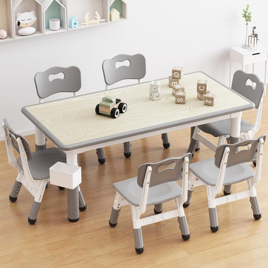GarveeHome Kids Table and 6 Chairs Set, Height Adjustable Toddler Table and Chair Set, Graffiti Desktop, Children Study Play Dinner Table for Home Daycare Preschool for Ages 2-8, Grey