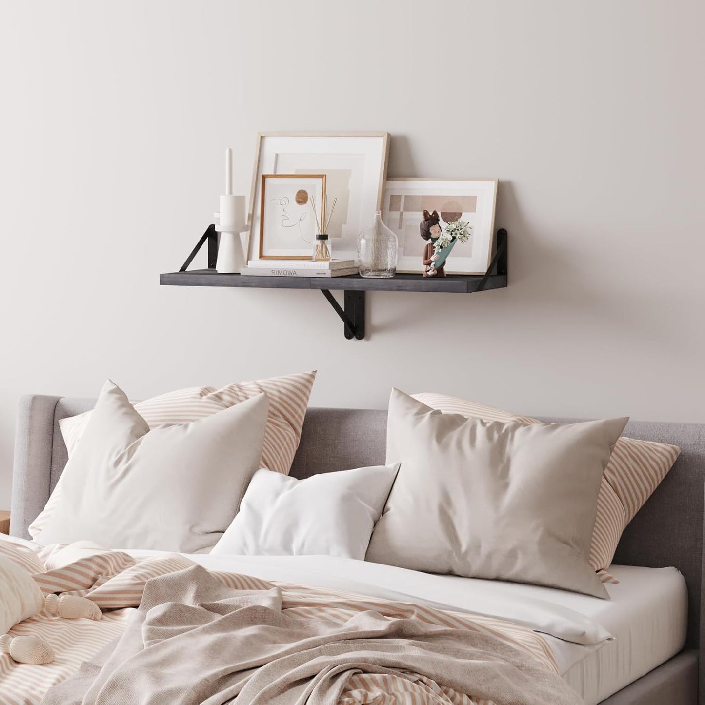 SAUMONIERES Floating Shelves Wall Bookshelf for Bedroom Bathroom Living Room Wood Wall Mounted Wide Deep Storage, Rustic Grey Wall Shelves Set of 2