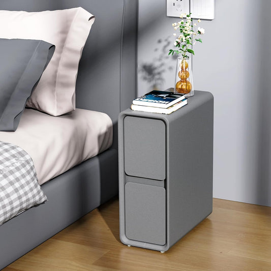 VICITON Modern Narrow Faux Leather Nightstand, Solid Wood Drawer, Storage Accent Table, Small Side End Table for Bedroom (Gray, Narrow)