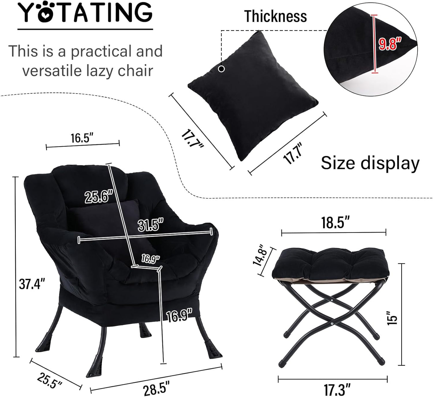 Lazy Chair with Ottoman, Comfy Reading Lounge Chair with Footstool & Throw Pillow Modern with Armrests & Side Pocket for Living Room, Bedroom, Dorm Room, Velvet Black