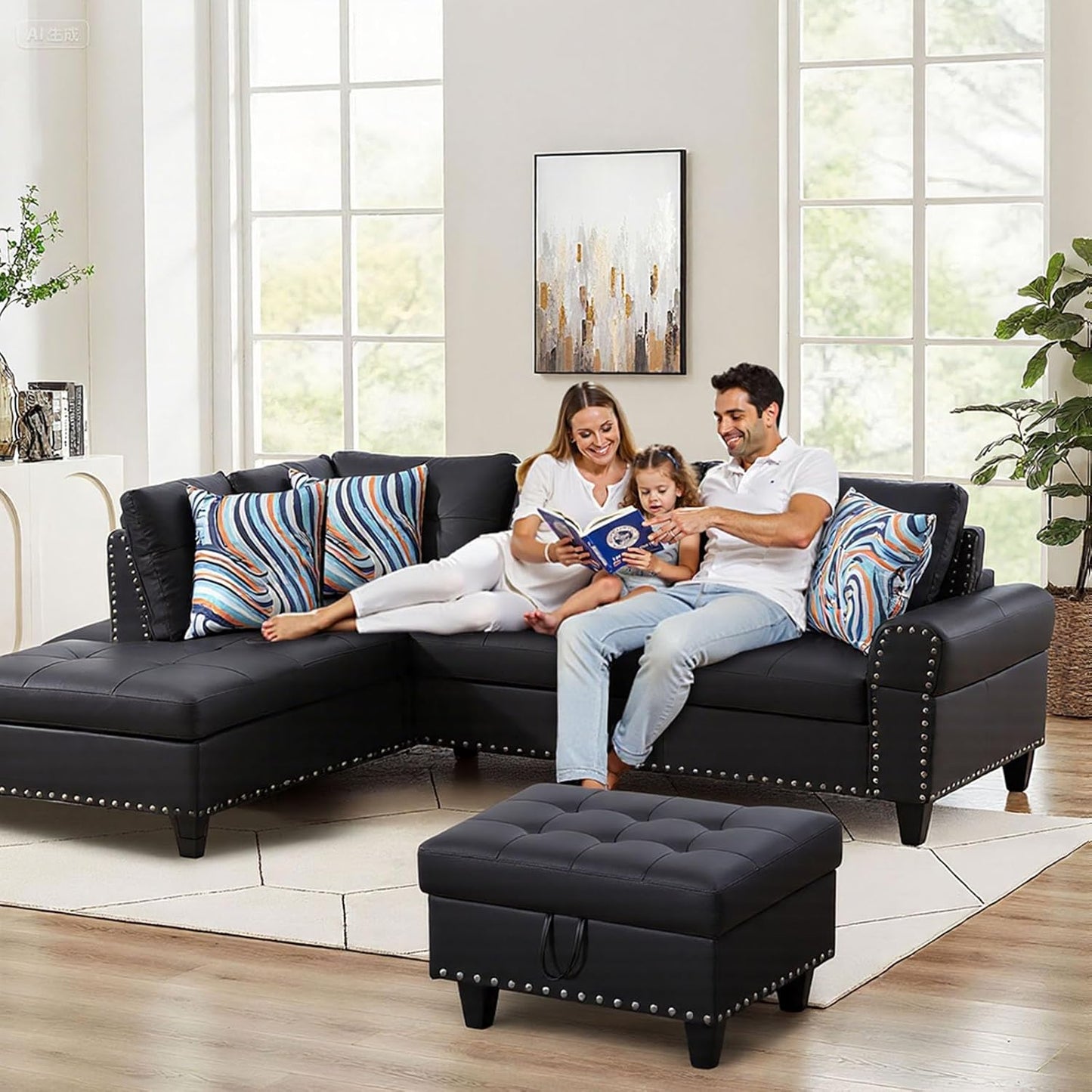 L Shaped Sectional Couch with Cup Holders, 97" Sectional Sofa for Living Room Modular Couches with Otttoman for Bedroom, Apartments