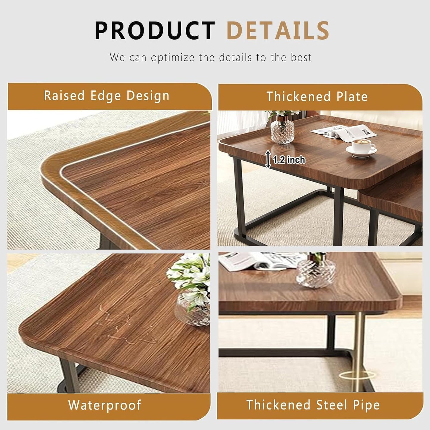 Square Nesting Coffee Table Set of 2, 23.6"+19.7" Nesting Tables,Small Square Coffee Table with Fluted,Center Table for Living Room Bedroom Office Balcony Yard (Walnut)