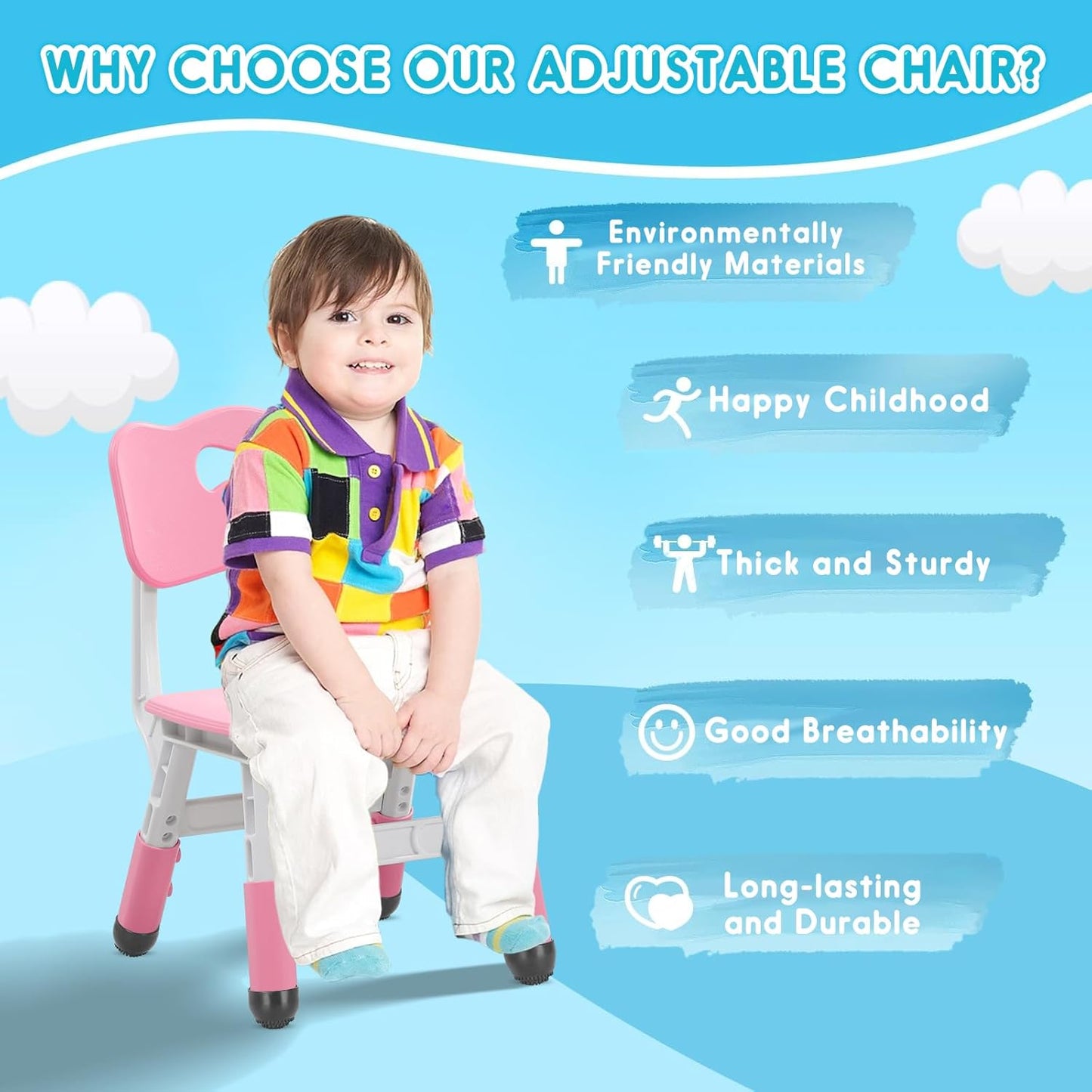 Kids Height Adjustable Toddler Chair Max Load 220LBS Plastic Indoor Outdoor for Children Age 1-6 School Home Daycare Use Pink