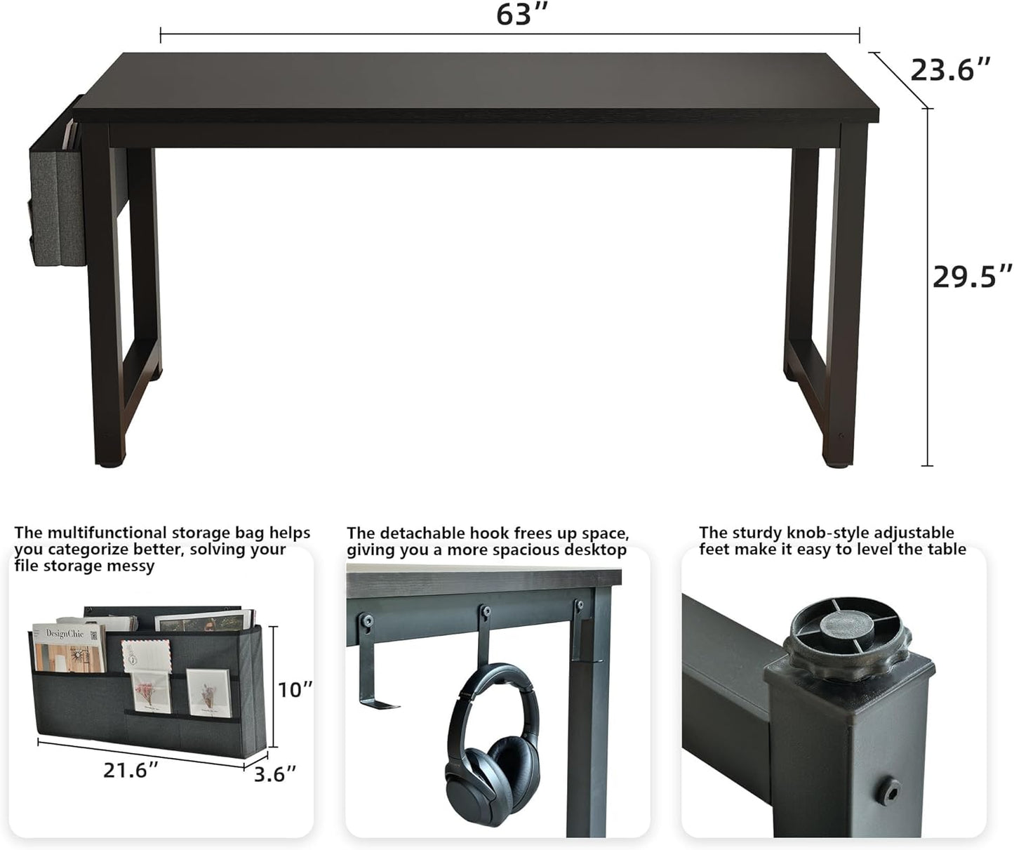 Large Computer Desk - 63 Inch Home Office Desks Study Student Writing Table Gaming Desk Wood Modern Simple Table with Storage Bag & Headphone Hooks, Black