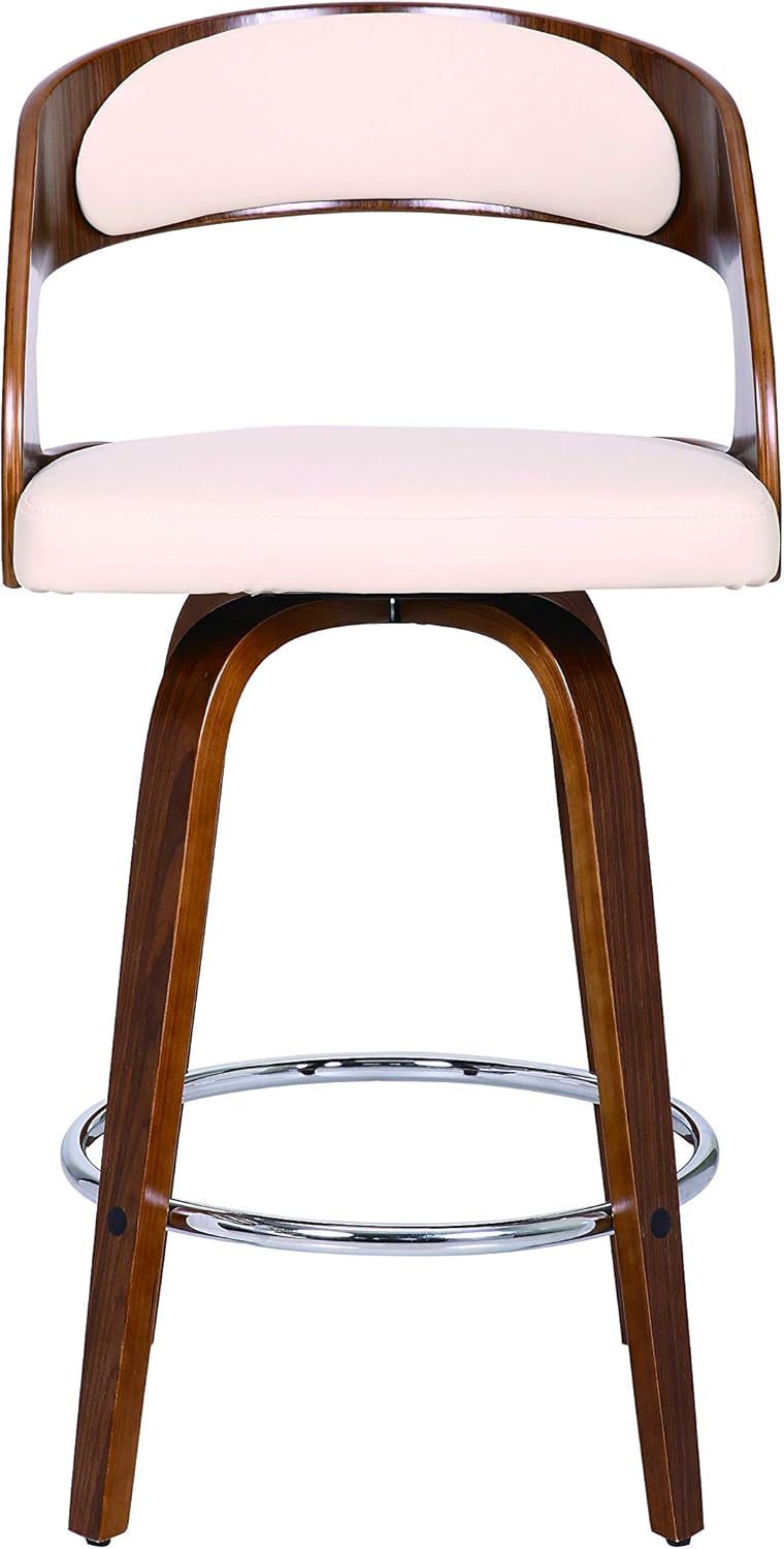 Armen Living Shelly 26" Counter Height Swivel Cream Faux Leather and Walnut Wood Bar Stool - Set of 2
