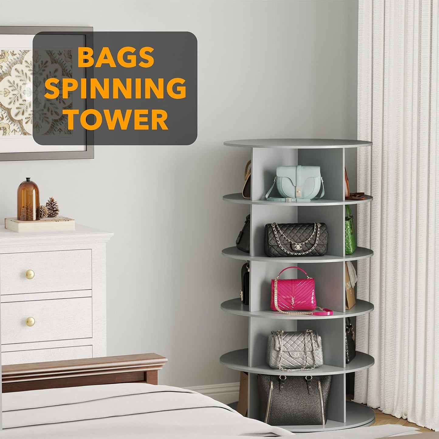 SpaceAid 5 Tier Rotating Shoe Rack Tower, Spinning Shoe Display Lazy Susan, Revolving 360 Shoe Rack Storage Round Carousel, Vertical Handbag Rotate Shoes Closet Organization (5-Tier Gray)