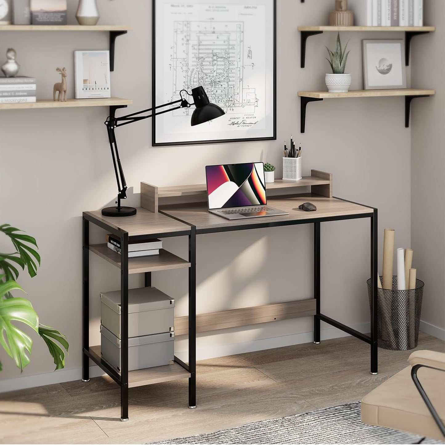 Computer Desk Gaming Desk with Monitor Stand, Home Office Desk Suitable for 2 Monitors, Writing Desk with Adjustable Storage Space,Sturdy and Durable Modern Small Desk (Grey, 47 inchs)