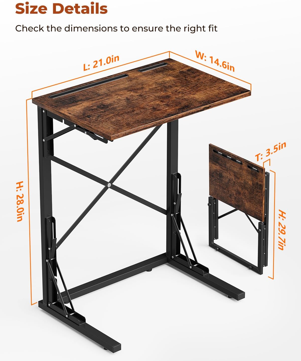 21''Wx28''H Folding TV Tray Set of 2, Small Foldable C-Shaped Tray Table for Eating with Tablet and Phone Slots, Slide Under Couch Side Table for Recliner, Living Room, Bedroom, Rustic Brown