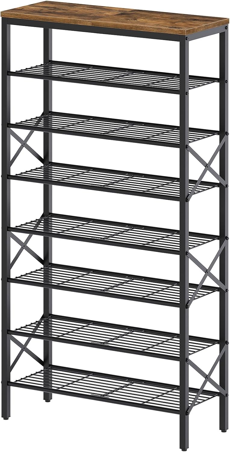 8 Tier Shoe Rack, Shoe Storage Organizer, Large Capacity Shoe Shelf Holds 32 Pairs of Shoes, Durable and Stable, for Entryway, Hallway, Closet, Dorm Room, Rustic Brown SS08BR