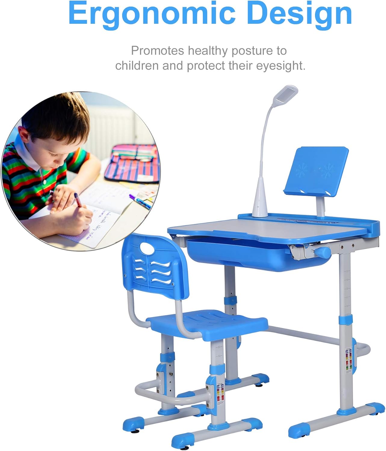 Kids Desk and Chair Set, Height Adjustable Child's School Study Writing Tables with Tilt Desktop, LED Light, Storage Drawer, Book Stand (Blue)