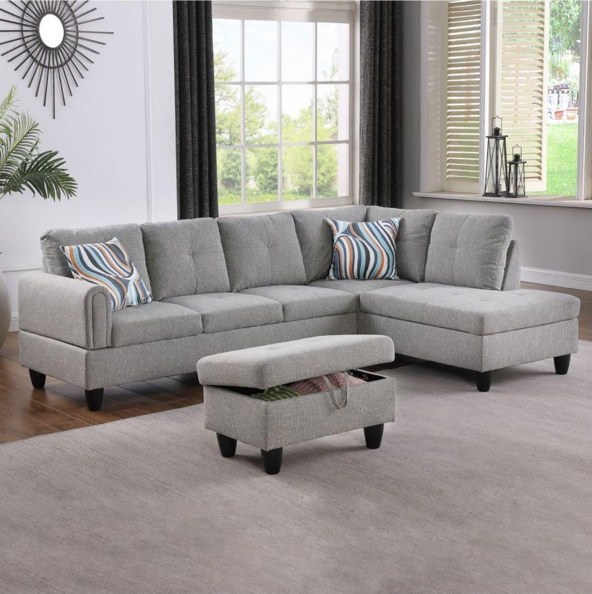 Grey-2 L-Shaped 3-Piece Linen Sofa with Storage Ottoman Set, Sectional Couch Sofa Set for Living Room, Office, Small Space