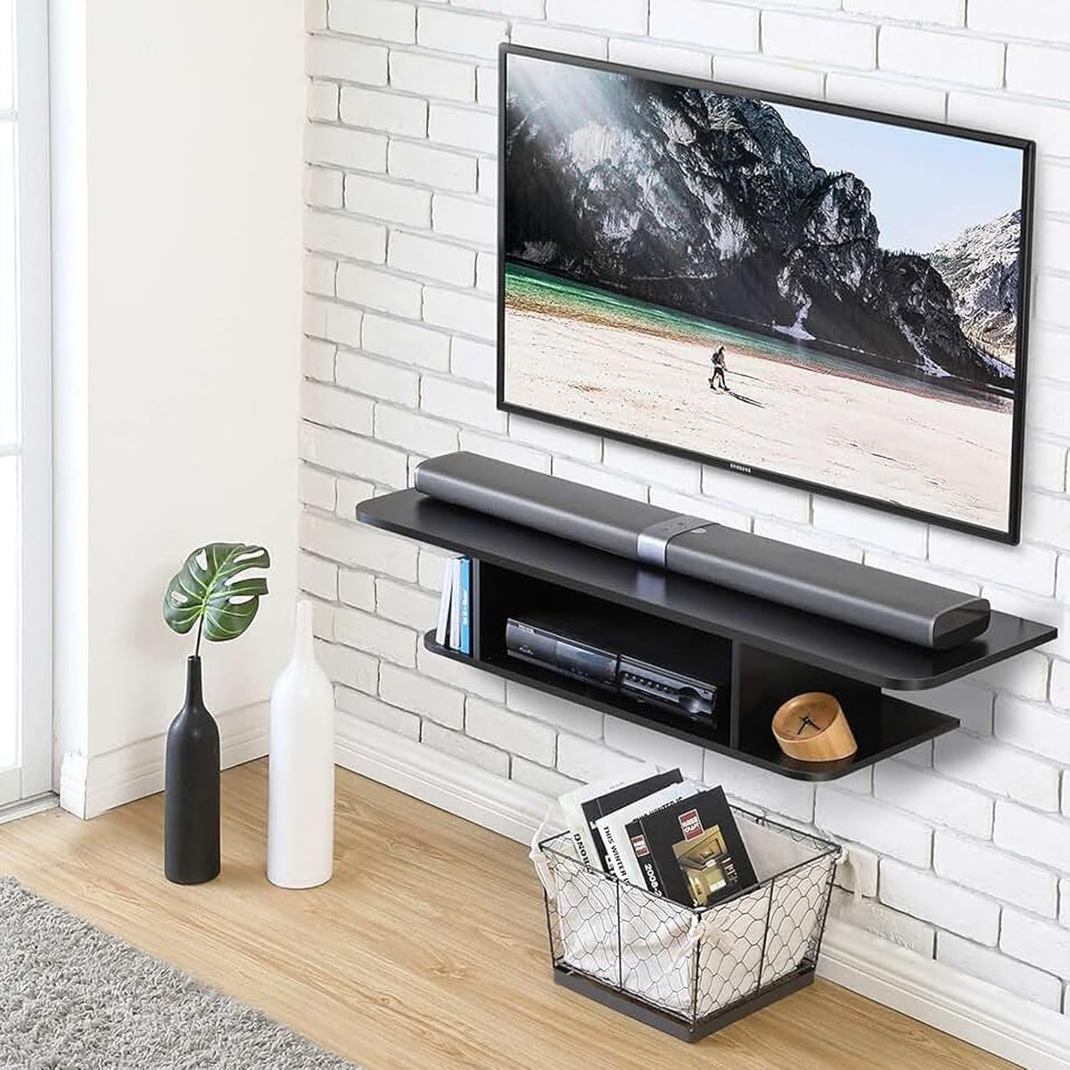 BiJun Floating TV Shelf, Entertainment Center Wall Mounted Media Console Router DVD Shelf for One/PS4/Cable Box/DVD Players/Game Console Streaming Media Equipment (Black, 35.4)