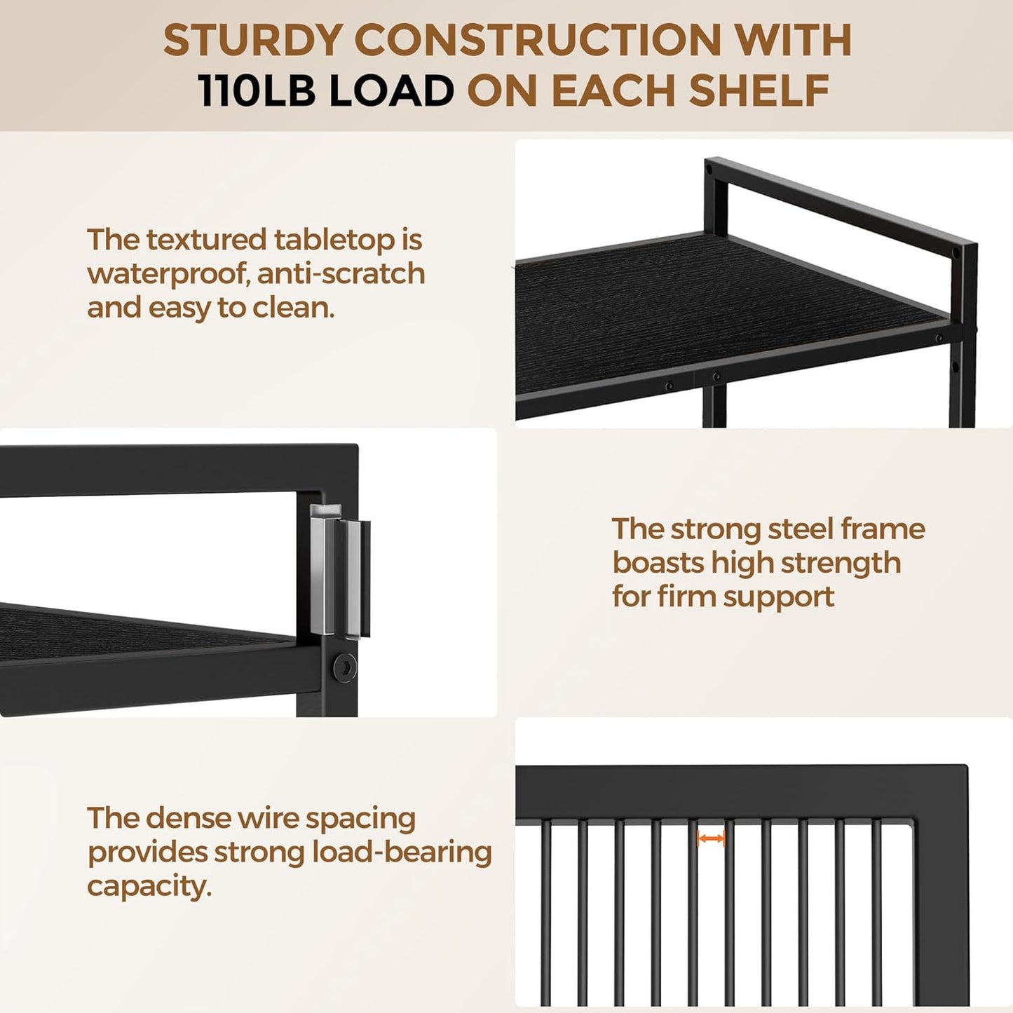 3-Tier Metal Storage Rack with Industrial Wheels,Mesh Shelving Unit with Wooden Table top,Adjustable Shelf,23.6-Inch Width,15.8-Inch Depth, for Kitchen, Laundry,Pantry,Plant,Black panel