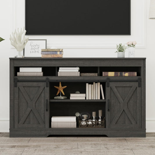 RoyalCraft Farmhouse TV Stand for 65+ Inch TV, 34'' Tall Entertainment Center with Sliding Barn Doors, Rustic Wood Media Console Storage Cabinet Television Stand for Living Room, Bedroom (Dark Grey)