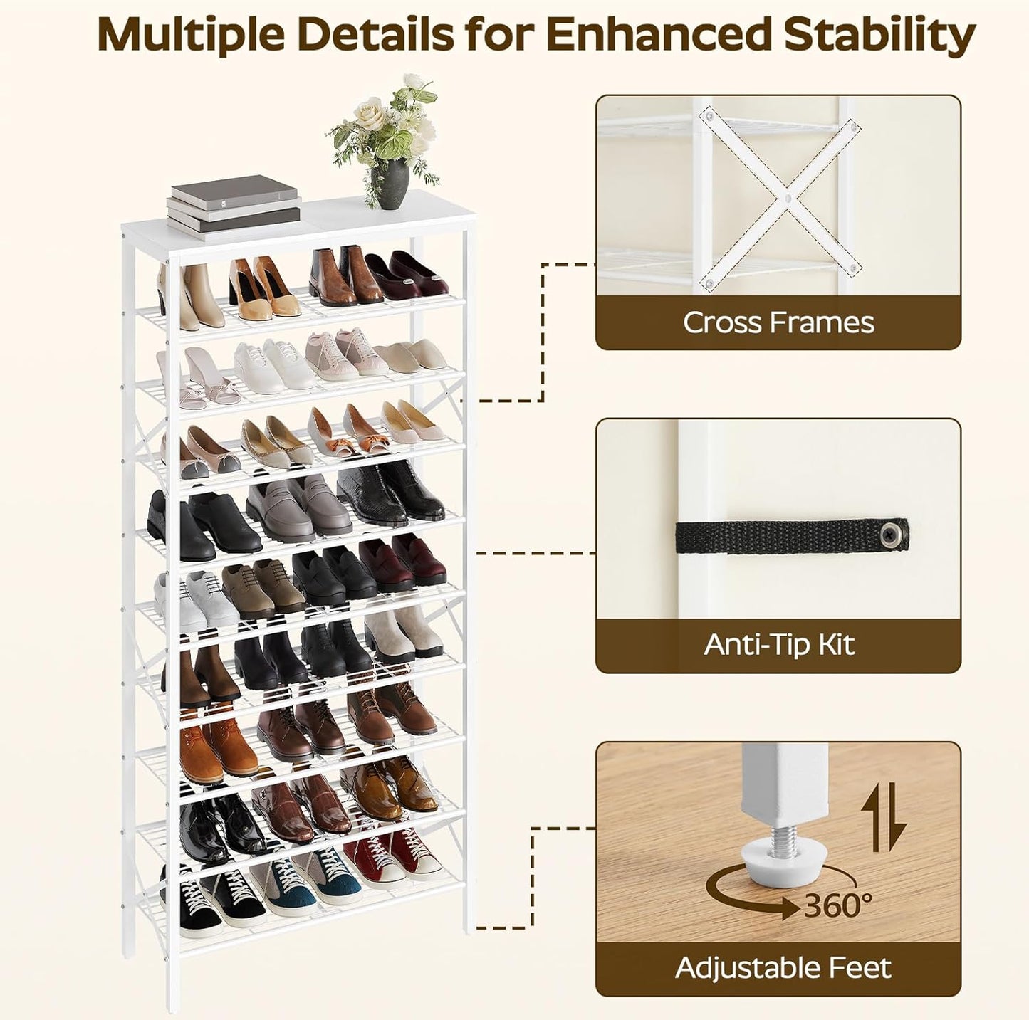 10 Tier Shoe Rack, Large Capacity Shoe Storage Organizer Holds 40 Pairs, Sturdy and Stable, for Entryway, Hallway, Closet, Dorm Room, White SS10WW