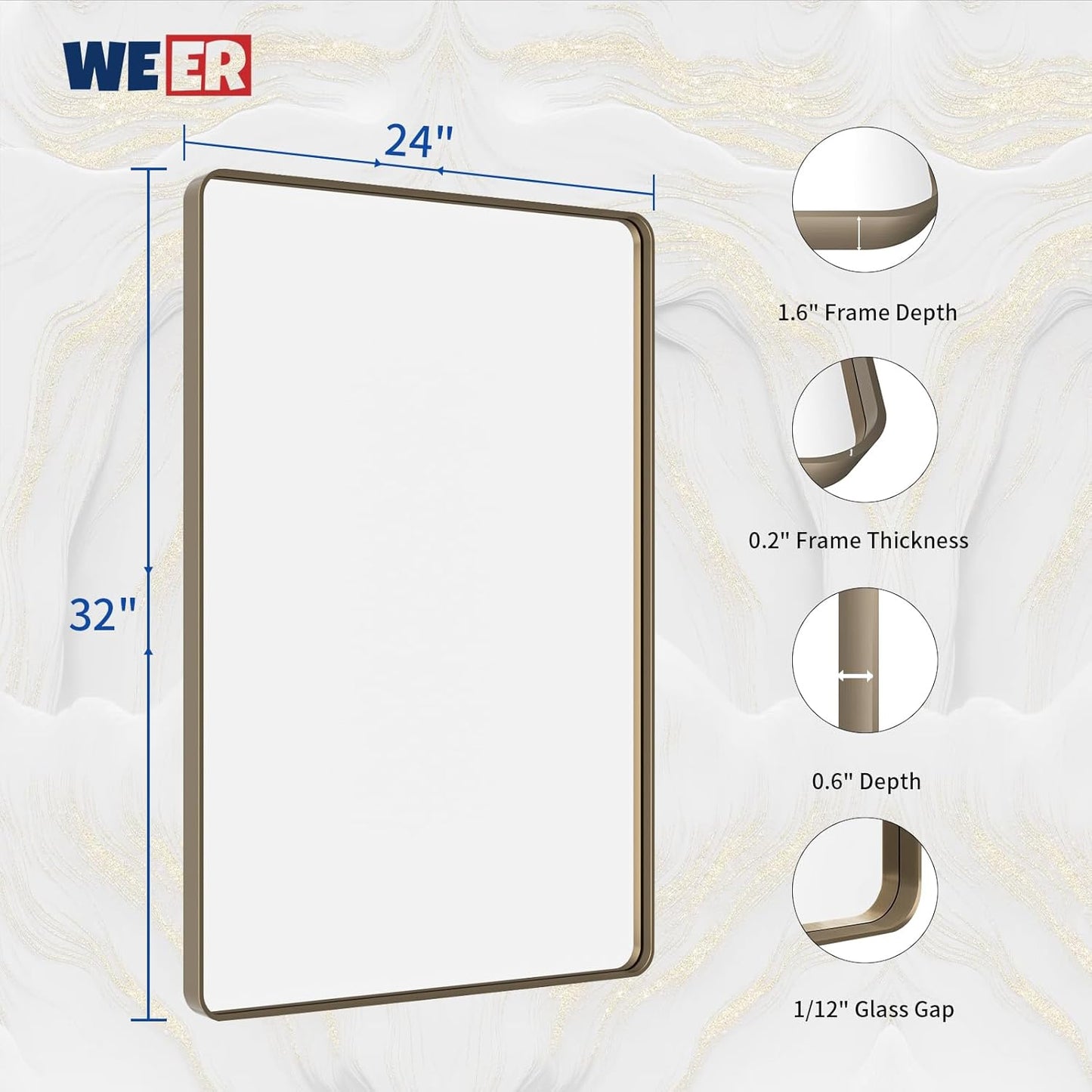 WEER 24x32 Inch Bronze Bathroom Mirror - Brushed Bronze Frame for Vanity, Rounded Rectangle with Tempered Glass, Anti-Rust (Horizontal/Vertical)