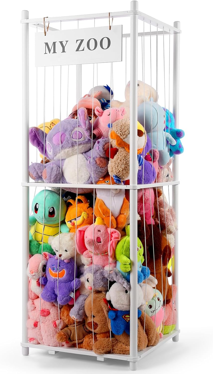 Stuffed Animal Storage Zoo, Wooden Stuffed Animal Organizer with Elastic Cords for Boys Girls, Space Saving Toy Plushies Storage Holder for Playroom, Bedroom, Living Room (White, Large)