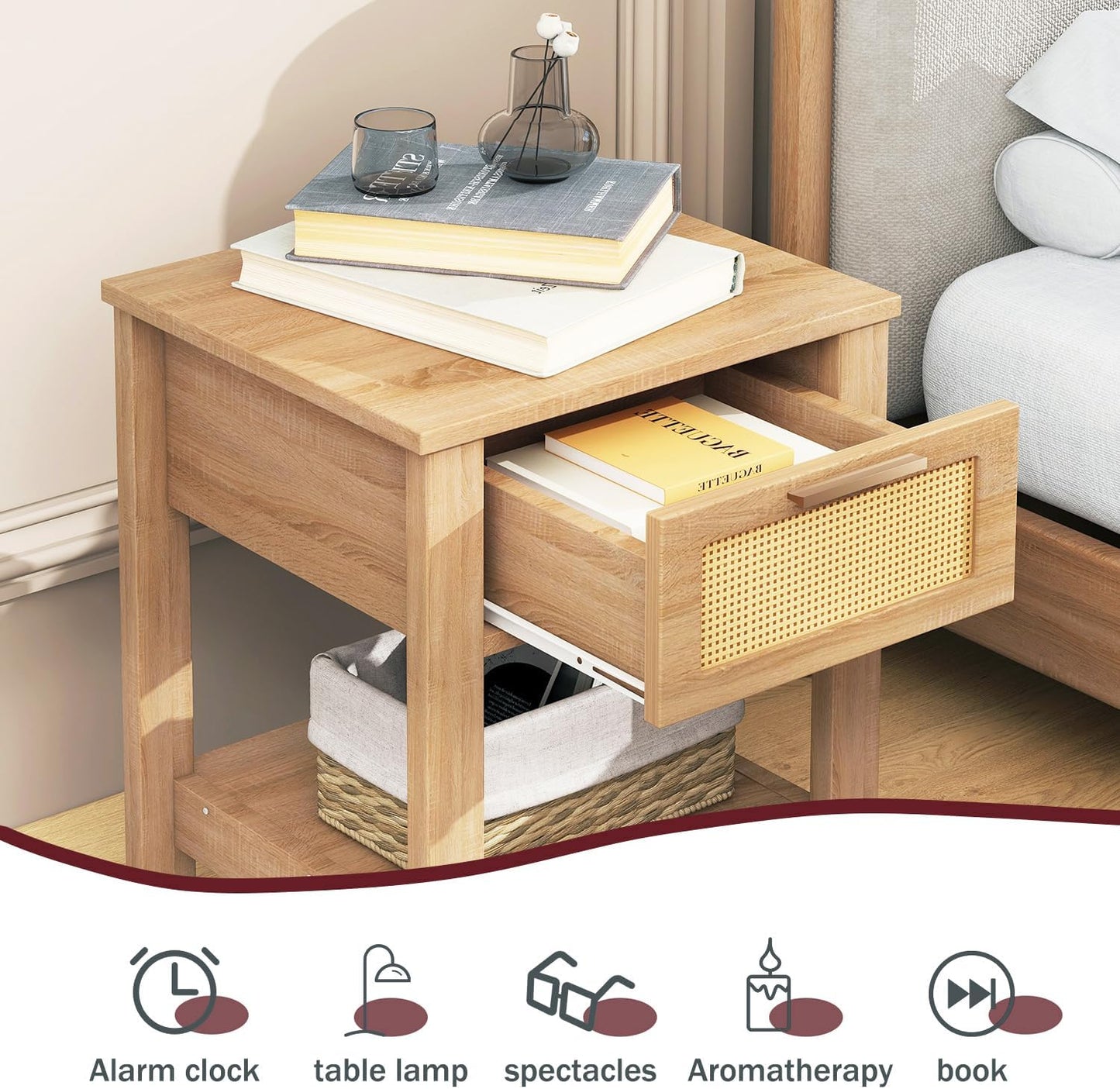 IBUYKE Rattan Nightstand, Boho Night Stand with Drawer, Wood Bedside Tables with Storage Shelf, End Table with Legs for Bedroom, Natural UWNS011N