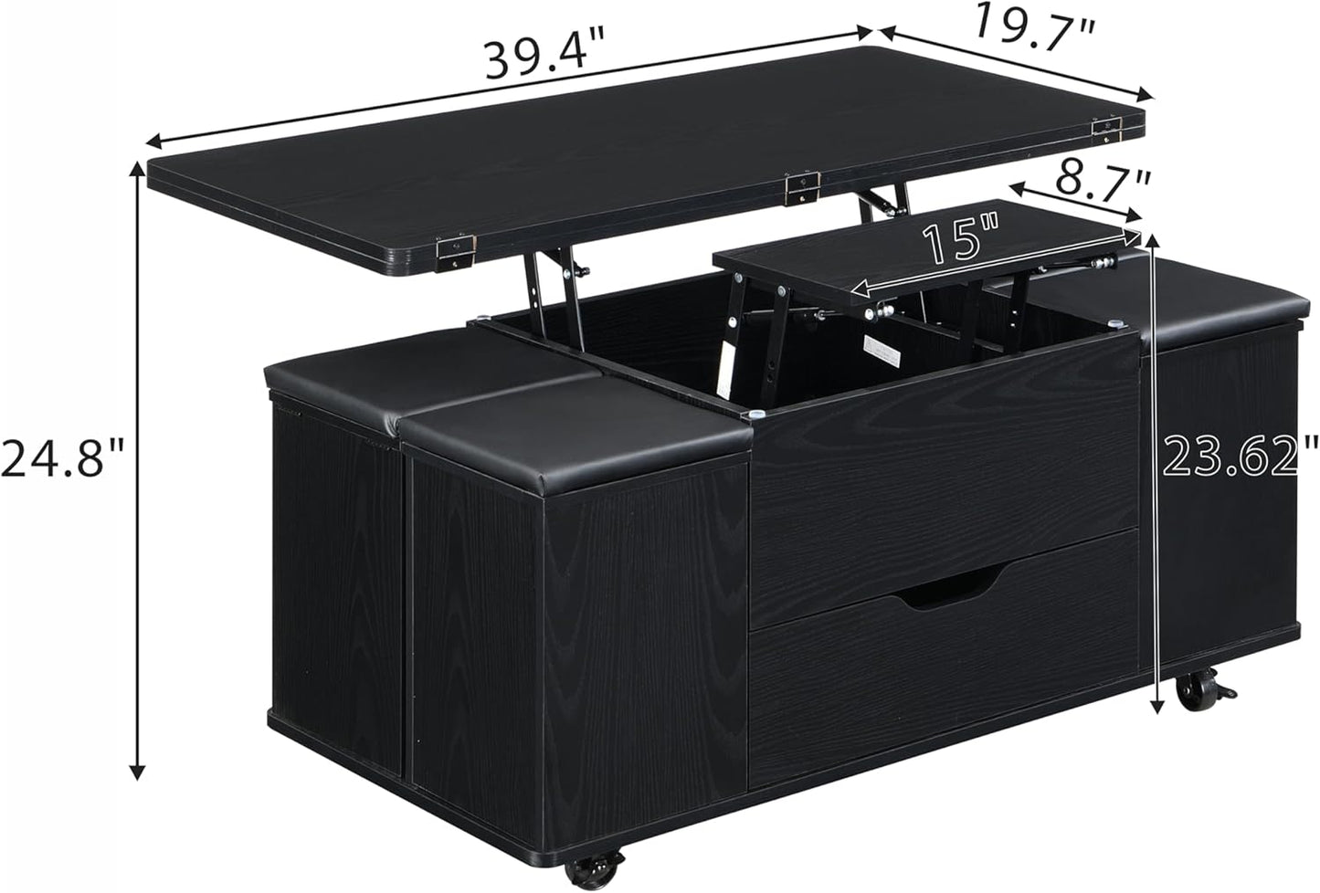 Merax Multi-Functional Lift-Top Coffee Table with Hidden Storage and Stools,Multi-Function Modern Center Table with 4 Stools and Casters,Perfect for Modern Living Spaces, Black