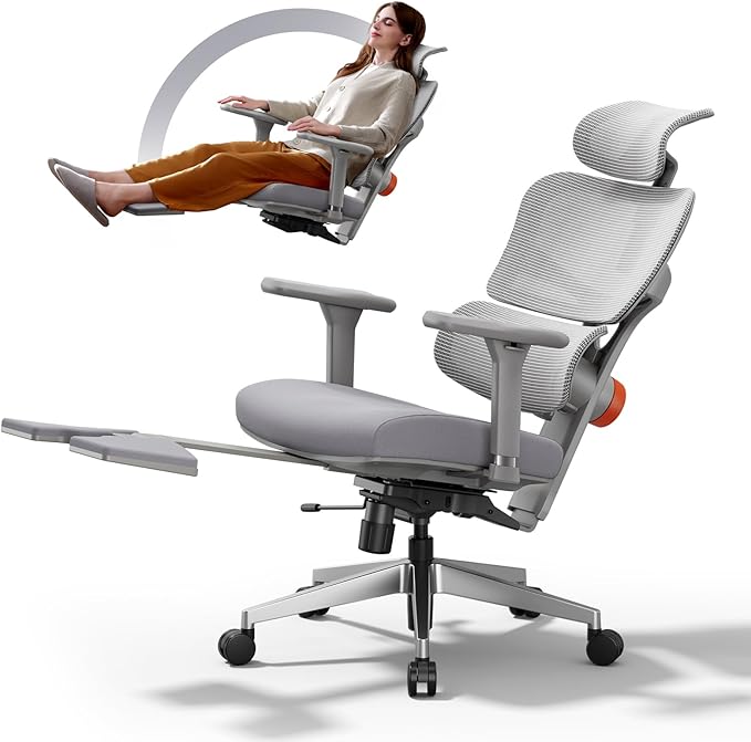 Newtral Office Chair Ergonomic - Home Office Desk Chair, Back Pain Chair with Auto-Following Lumbar Support, 4D Armrest, Seat Depth and Height Adjustable (Foot Rest, Gray)