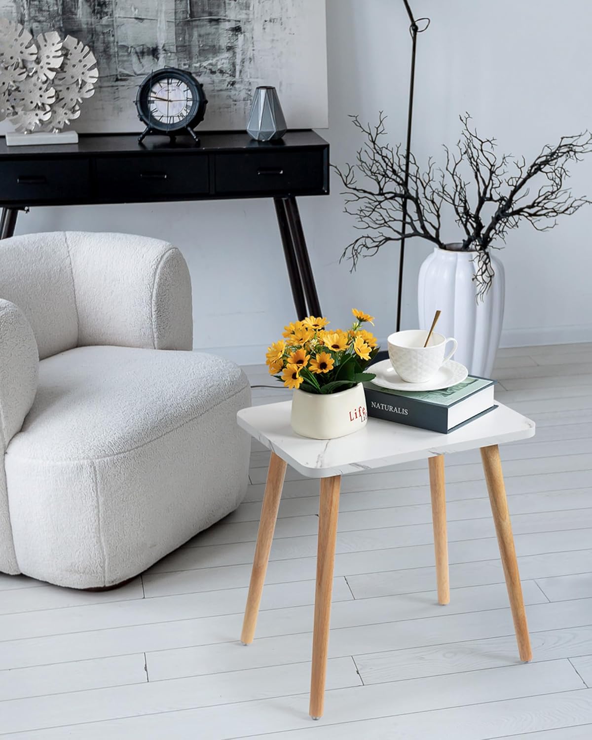 FORAOFUR Small End Table, Side Table Accent Table Living Room Bedroom Balcony Office, Modern Bedside Table Home Decor, Small Table for Small Spaces, Small Coffee Table, Easy Assembly, Marble White