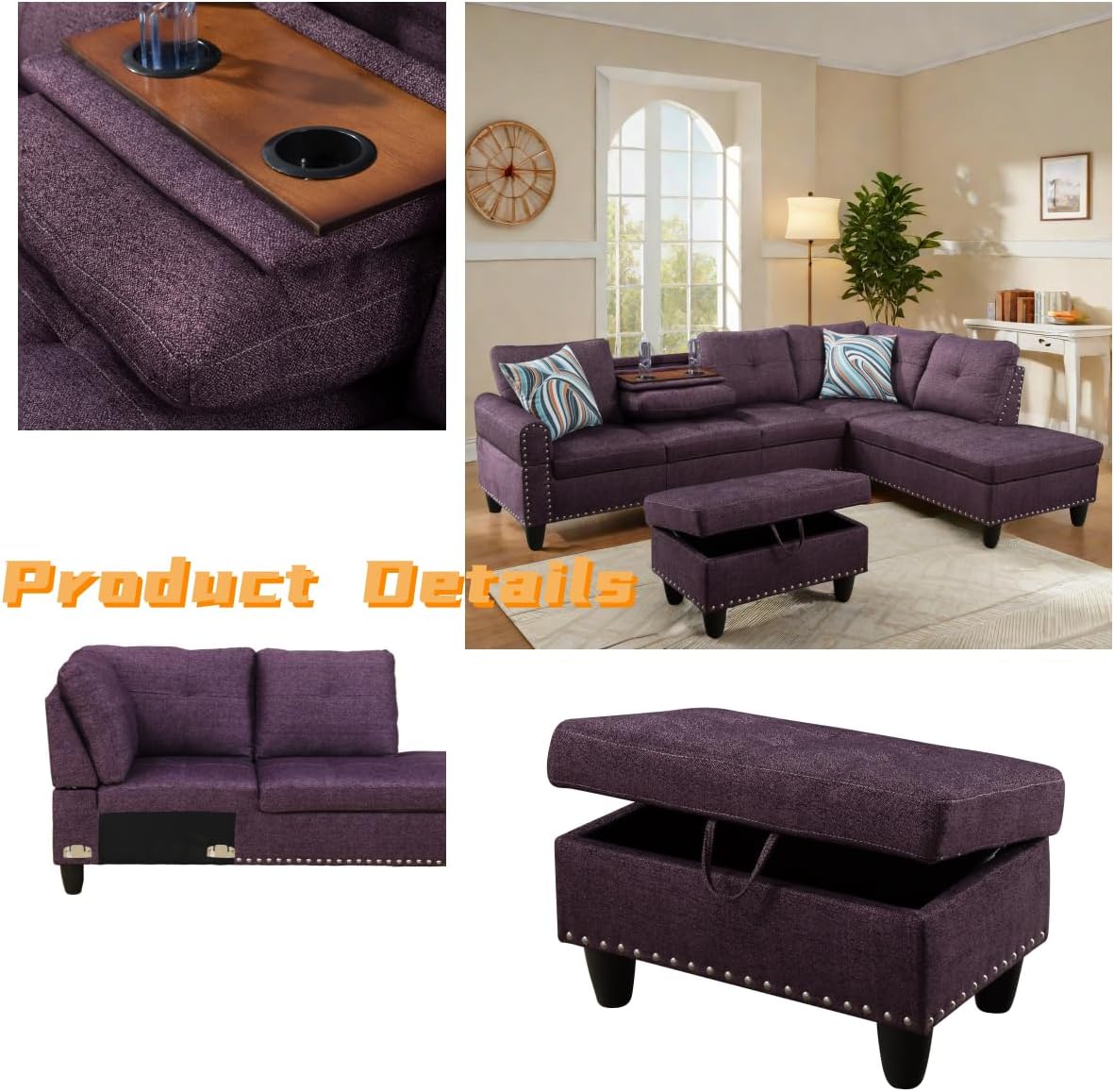 L Shaped Sectional Couch with Otttoman, 97" Sectional Sofa for Living Room Flannel Modular Couches with Cup Holders for Bedroom, Apartments, Purple