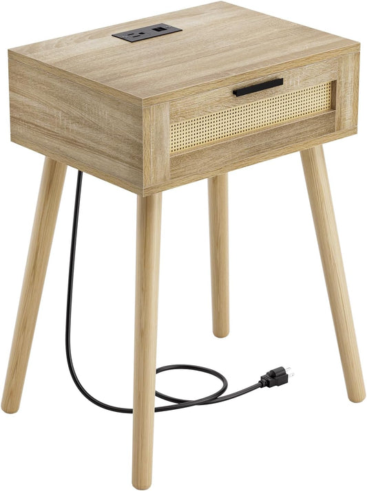 HAIOOU Nightstand with Charging Station Rattan Drawer, Mid Century Modern Side Table, End Beside Table with Pine Wood Legs Storage for Bedroom Living Room