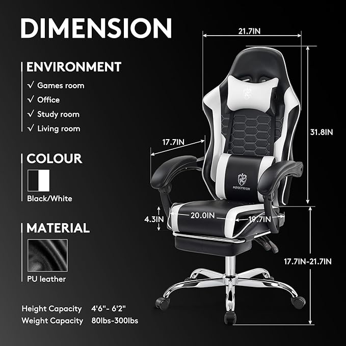 Gaming Chair,Computer Office Chair with Footrest,Massage Lumbar Support and Gel Pad,Ergonomic Reclining Adjustable Leather Gamer Chair with Headrest and Spring Cushion Black White