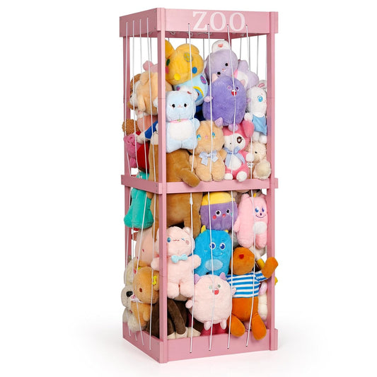 Trycooling Stuffed Animal Zoo Stuffed Animal Storage Wood Plushie Storage Stuffed Animals Zoo Storage Cage with Zoo Pattern Elastic Band for Nursery Play Room Bedroom (Pink)