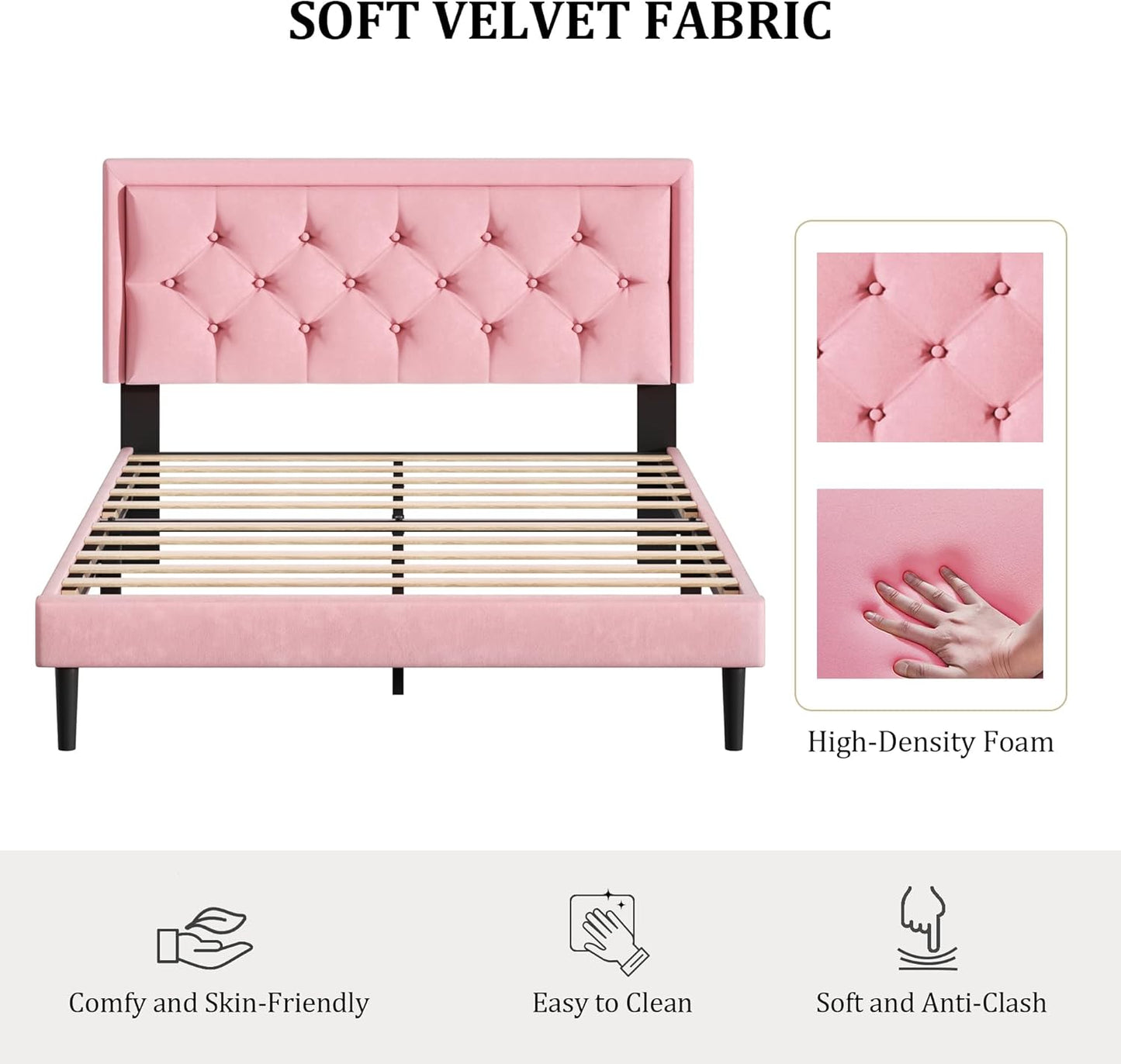 Full Size Platform Bed Frame with Upholstered Velvet Button Tufted Headboard, Mattress Foundation with Wooden Slat Support, No Box Spring Needed, Easy Assembly, Noise Free, Pink