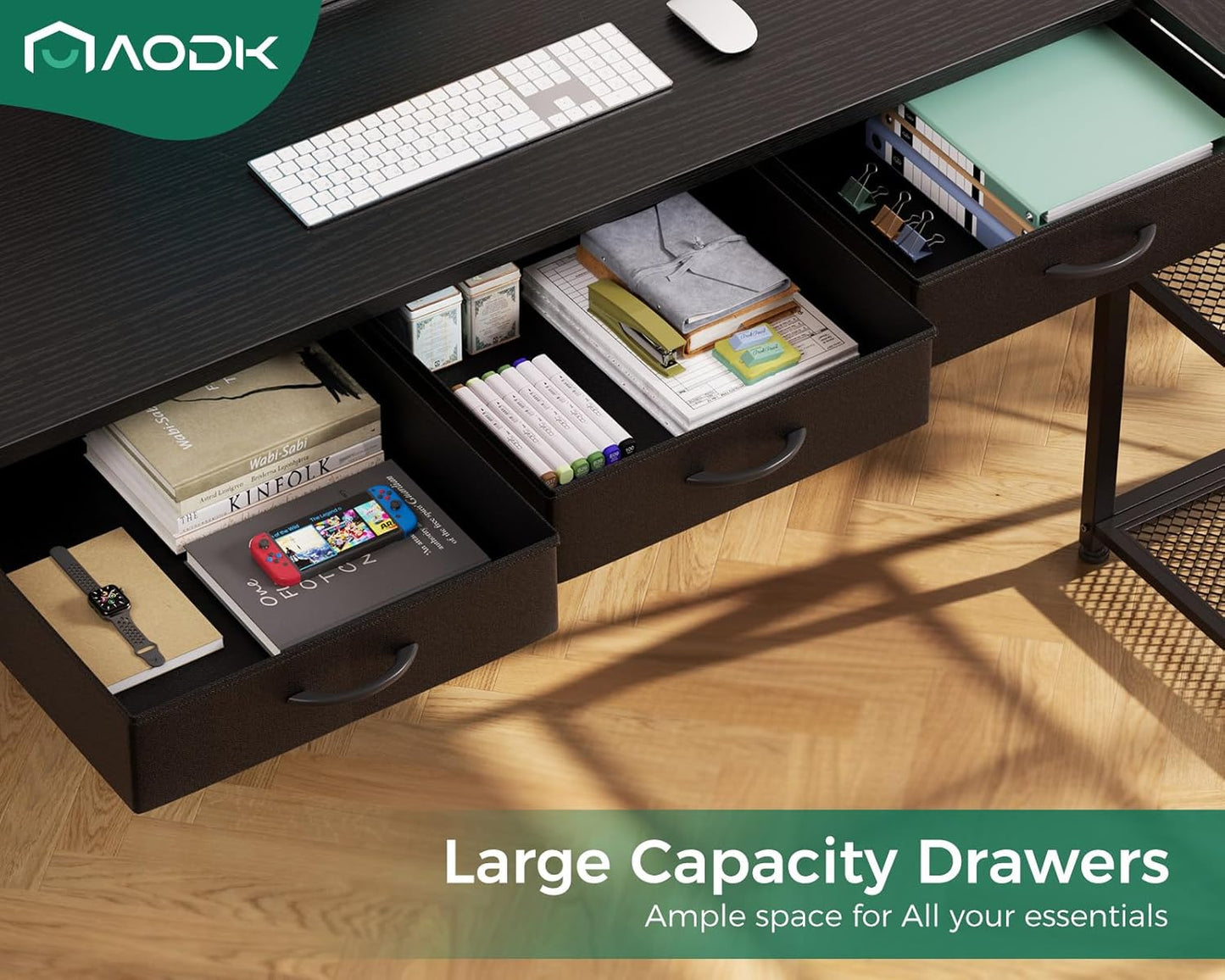 AODK 61 Inch L Shaped Computer Desk with Drawers, Corner Desk with Power Outlets & Reversible Storage Shelves, Movable CPU Stand for Home Office Gaming, Black