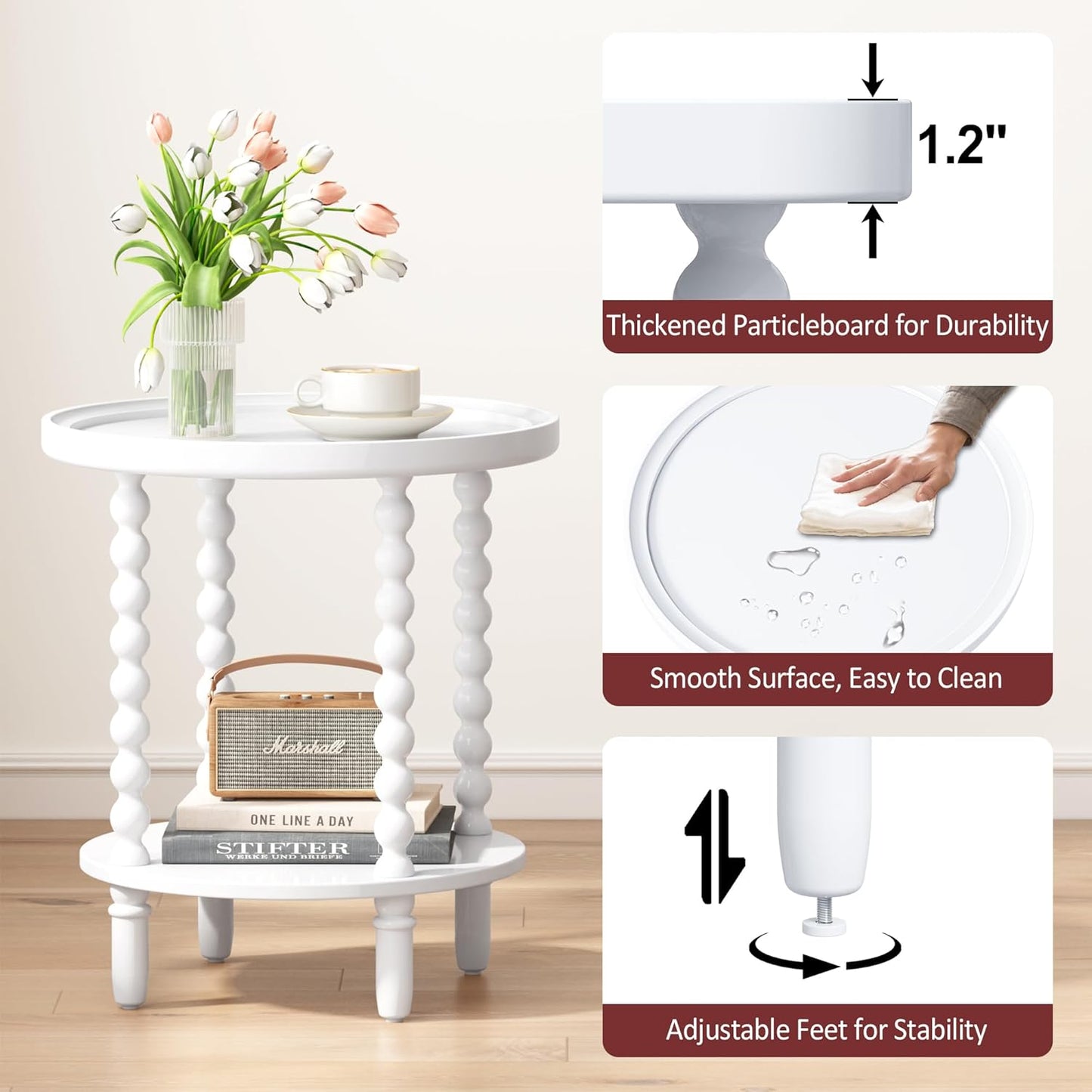 Gadroad Round End Table with Storage Shelf, 2 Tier Couch Side Table, Wood Coffee Table for Living Room, Bedroom, White 19.3 * 19.3 * 25.6 inches