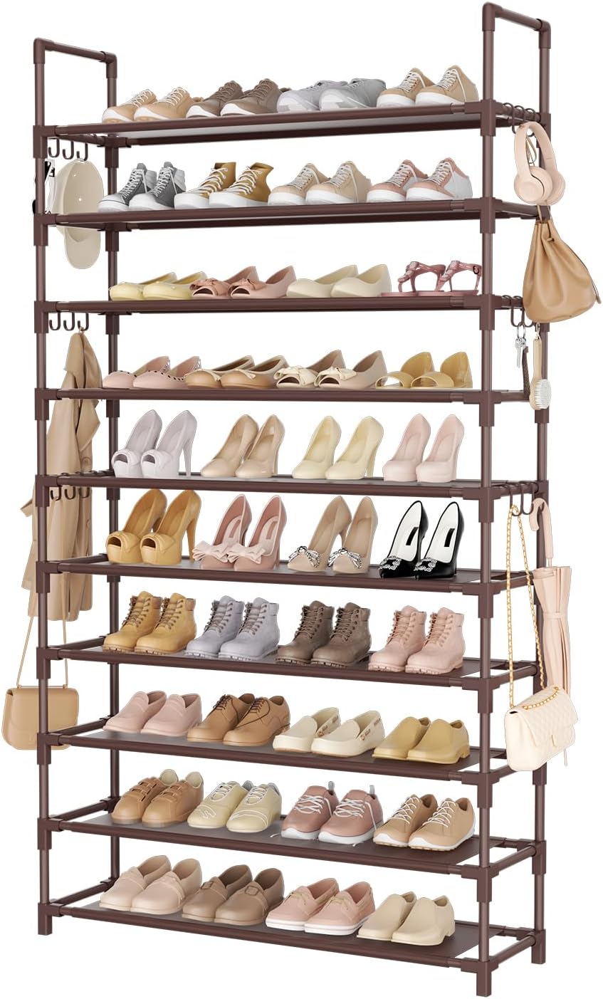 Tall Shoe Rack 10 Tier Shoe Organizer Large Shoe Shelf with 18 Hooks Storage for 50 Pair Sneaker and Boot, Stackable Vertical Shoe Rack Organizer for Closet, Entryway, Bedroom, Brown