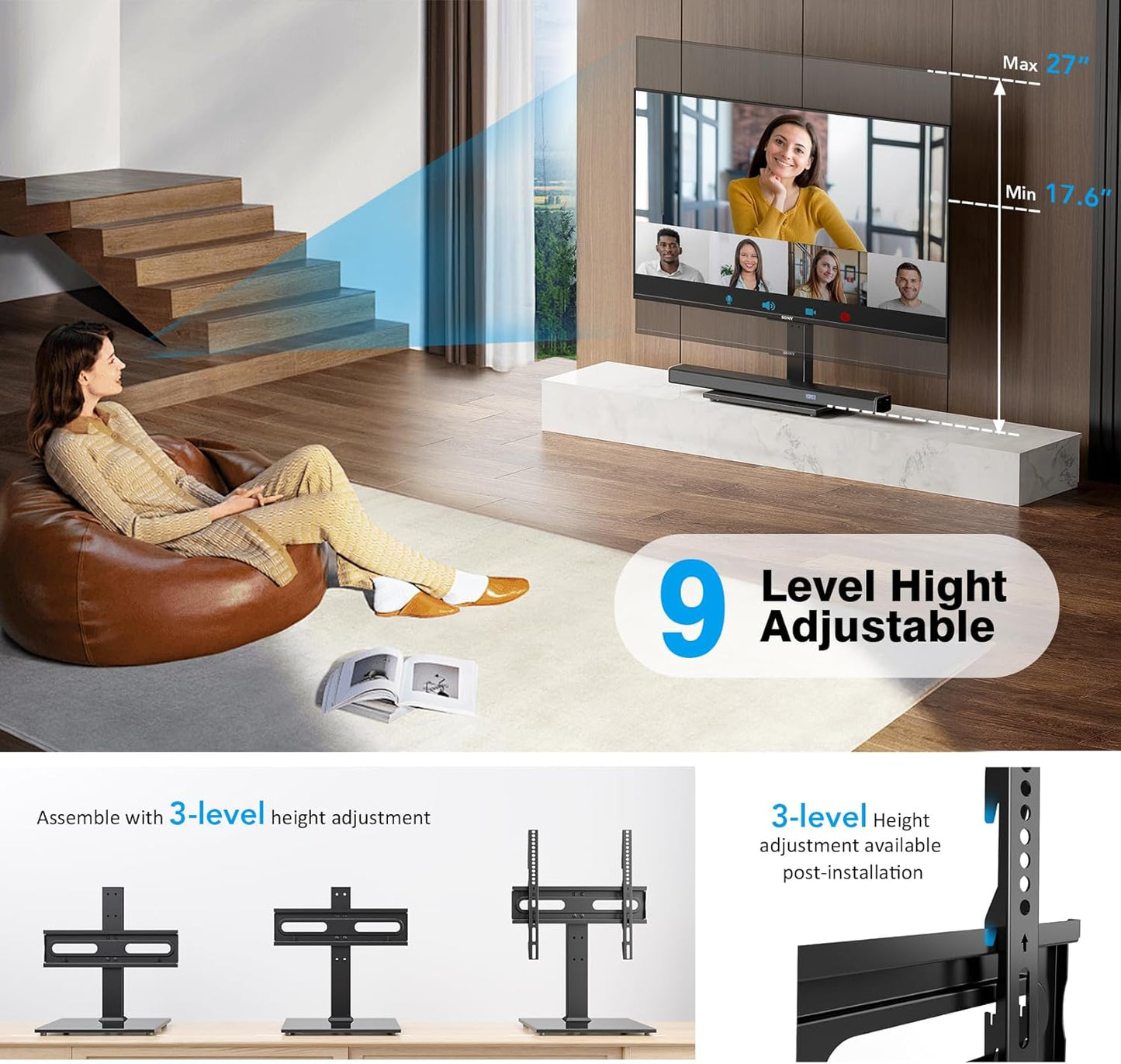 Universal TV Stand - Table Top TV Stand for 27-60 inch LCD LED TVs - 9 Level Height Adjustable TV Base Stand with Tempered Glass Base & Wire Management, VESA 400x400mm