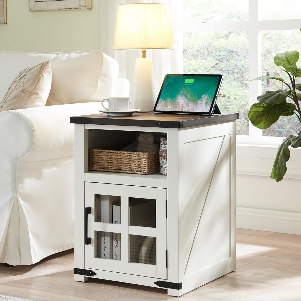 Farmhouse Nightstand with Charging Station, Rustic End Table with Tempered Glass Barn Door, Wood Sofa Side Bedside Table with Open Storage Shelf for Living Room, Bedroom, White, 2 Pack