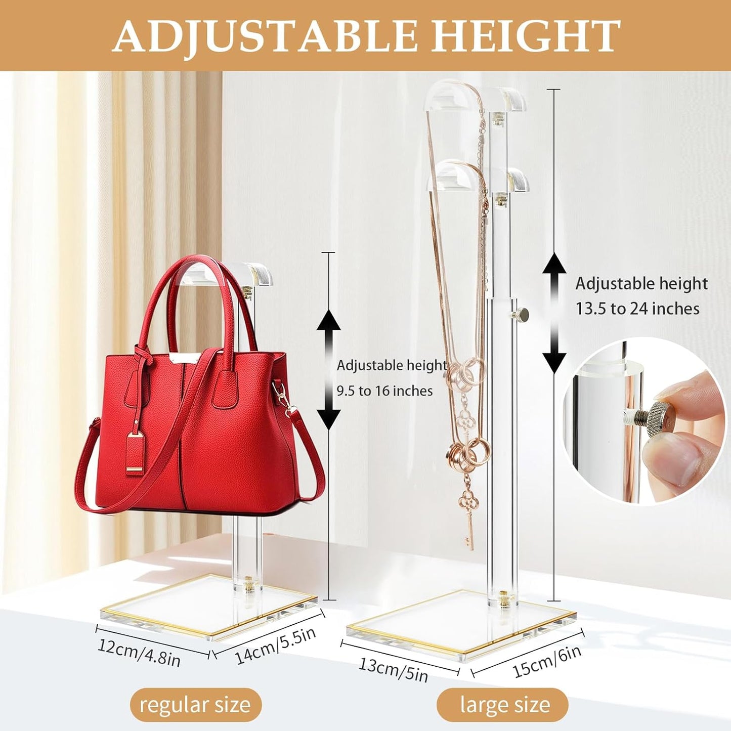 2Pcs Adjustable Purse Display Stands, Height 10"-16"+14"-24", Acrylic Handbag Stands for Display, Clear Holder for Purse Evening Bag Clutch, Bag Table Rack, Purses Hanging Organizer for Closet Retail Vendor