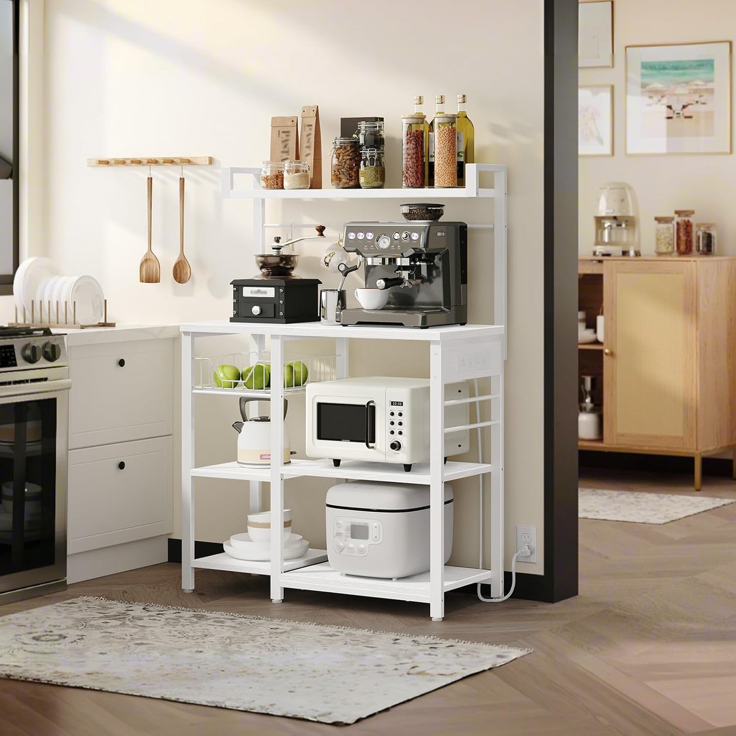 HOOBRO Bakers Rack with Power Outlet, 35.4 Inches Coffee Bar with Mesh Basket, Microwave Stand with 4 S-Shaped Hooks, Kitchen Bakers Rack with Storage, Easy to Assemble, White WT05HB01