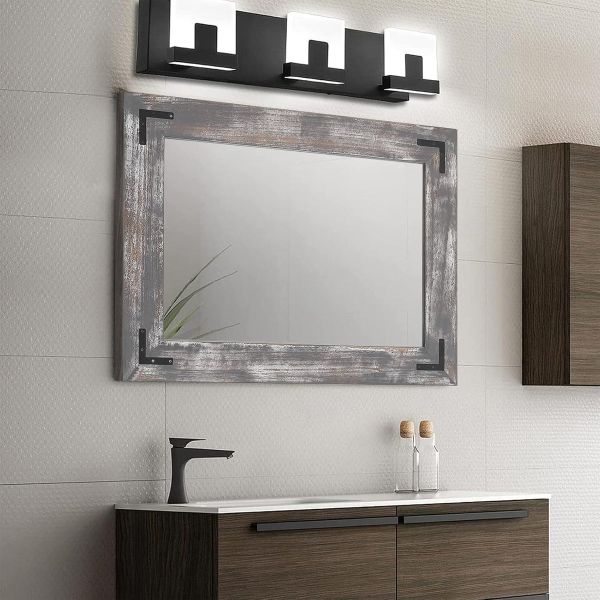 YOSHOOT Rustic Wooden Framed Wall Mirror, 48"x30", Natural Wood Bathroom Vanity Mirror for Farmhouse Decor, Vertical or Horizontal Hanging