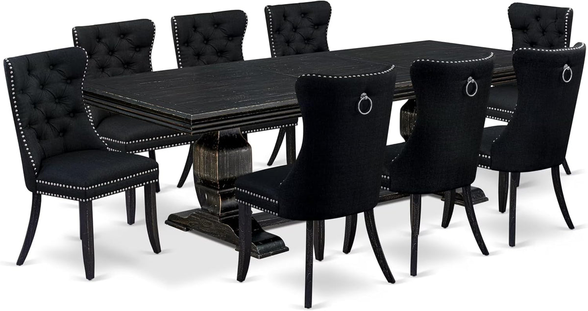 NKDA9-SBB-24-9-pc Dining Room Set Consists of a Rectangular Table and 8 Black Polyester Fabric Dining Chairs with Button Tufted Chair Back - Sand Blasting Black Finish.