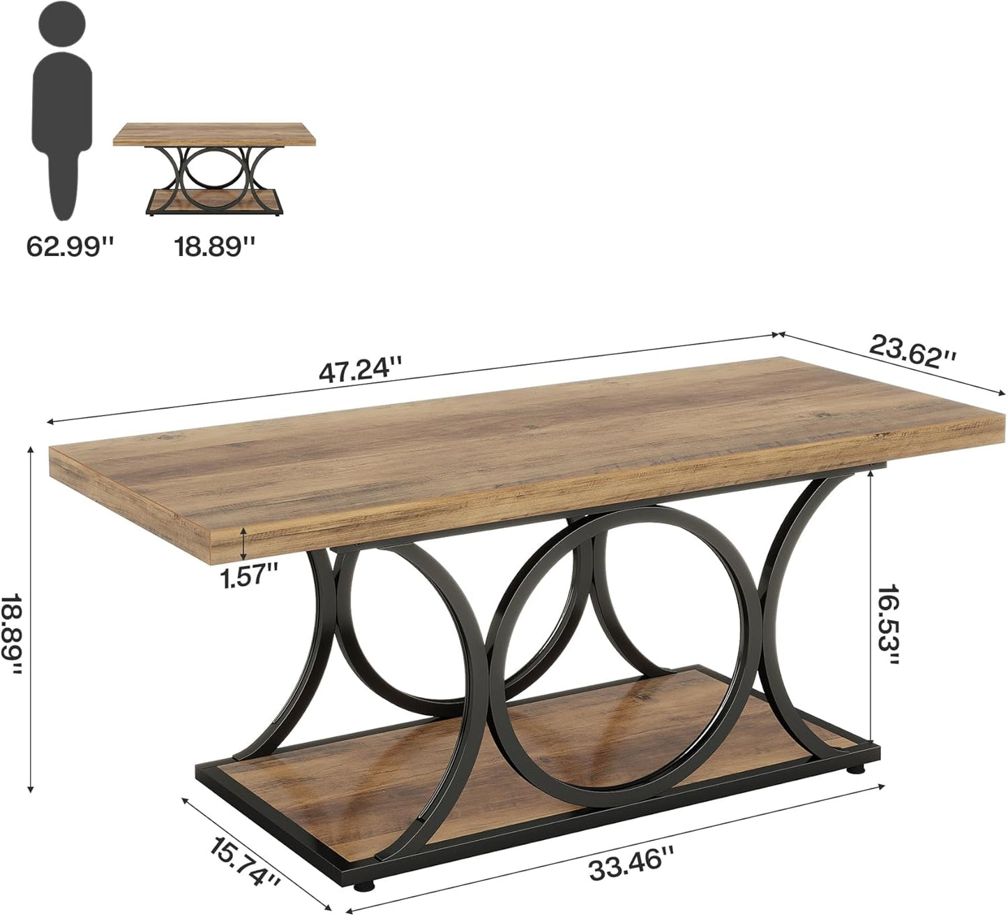 Tribesigns Rectangle Coffee Table, 47.24-inch Rustic Coffee Tables for Living Room, 2-Tier Farmhouse Wooden Coffee Table with Geometric Metal Legs, Home Furniture with Storage Shelf (Brown & Black)