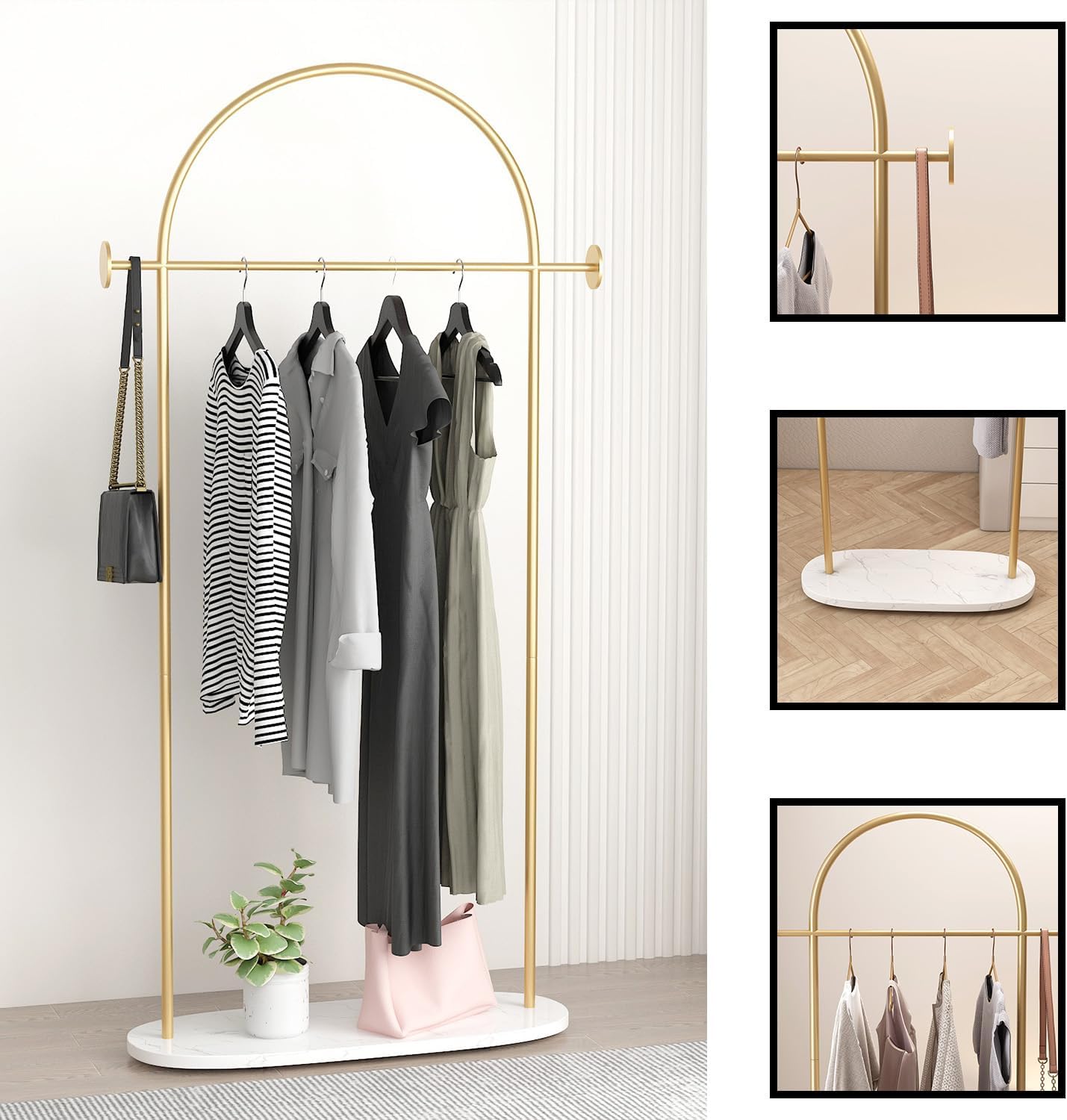 Gold Clothing Rack, Modern Clothes Rack with Shelf, Heavy Duty Freestanding Coat Rack, Metal Coat Hanger Stand with Hooks for Boutique Office