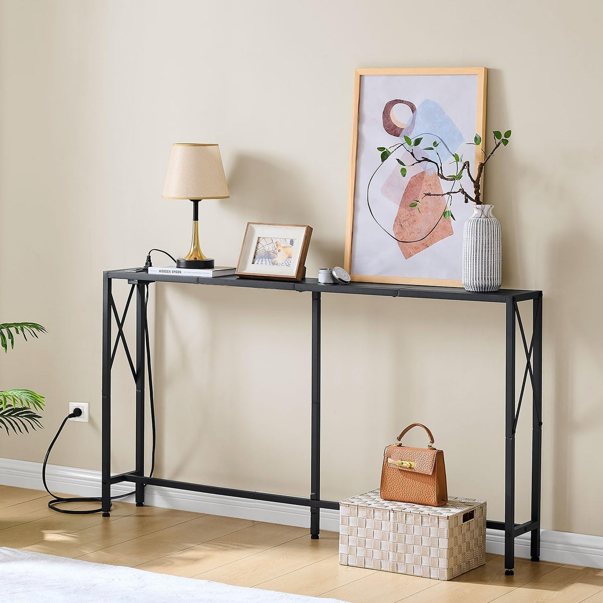 55.1" Narrow Sofa Table, Console Table with Oulets & USB Ports, Entryway Table, Industrial Couch Table for Hallway, Living Room, Bedroom, 6.5 Feet Power Cord,Black