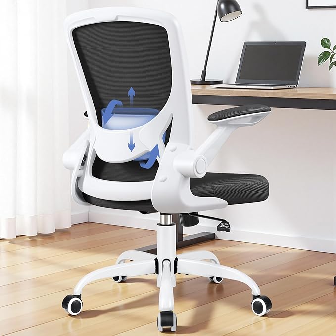 Ergonomic Office Chair, Mesh Computer Chairs with Lumbar Support, Swivel Desk Chair with Flip-up Arms and Adjustable Height, White