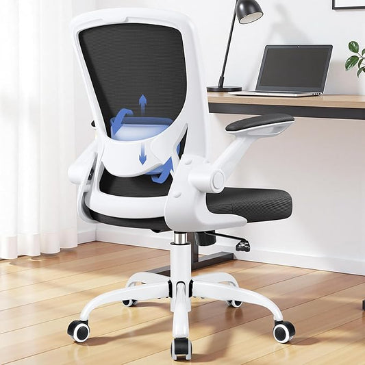 Ergonomic Office Chair, Mesh Computer Chairs with Lumbar Support, Swivel Desk Chair with Flip-up Arms and Adjustable Height, White