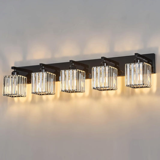Modern Bathroom Vanity Light 5-Lights Plating Black Crystal Bathroom Wall Light Vanity Light Fixtures