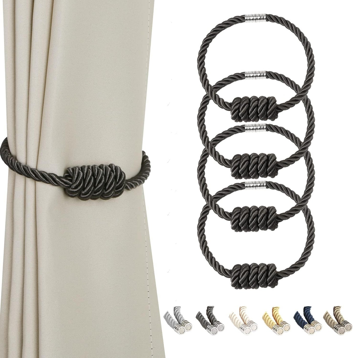 BEL AVENIR Magnetic Curtain Tiebacks, Decorative Drapery Holdbacks Modern Woven Tie-Backs with Exquisite Knot (Charcoal, 4 Pack)