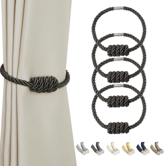 BEL AVENIR Magnetic Curtain Tiebacks, Decorative Drapery Holdbacks Modern Woven Tie-Backs with Exquisite Knot (Charcoal, 4 Pack)