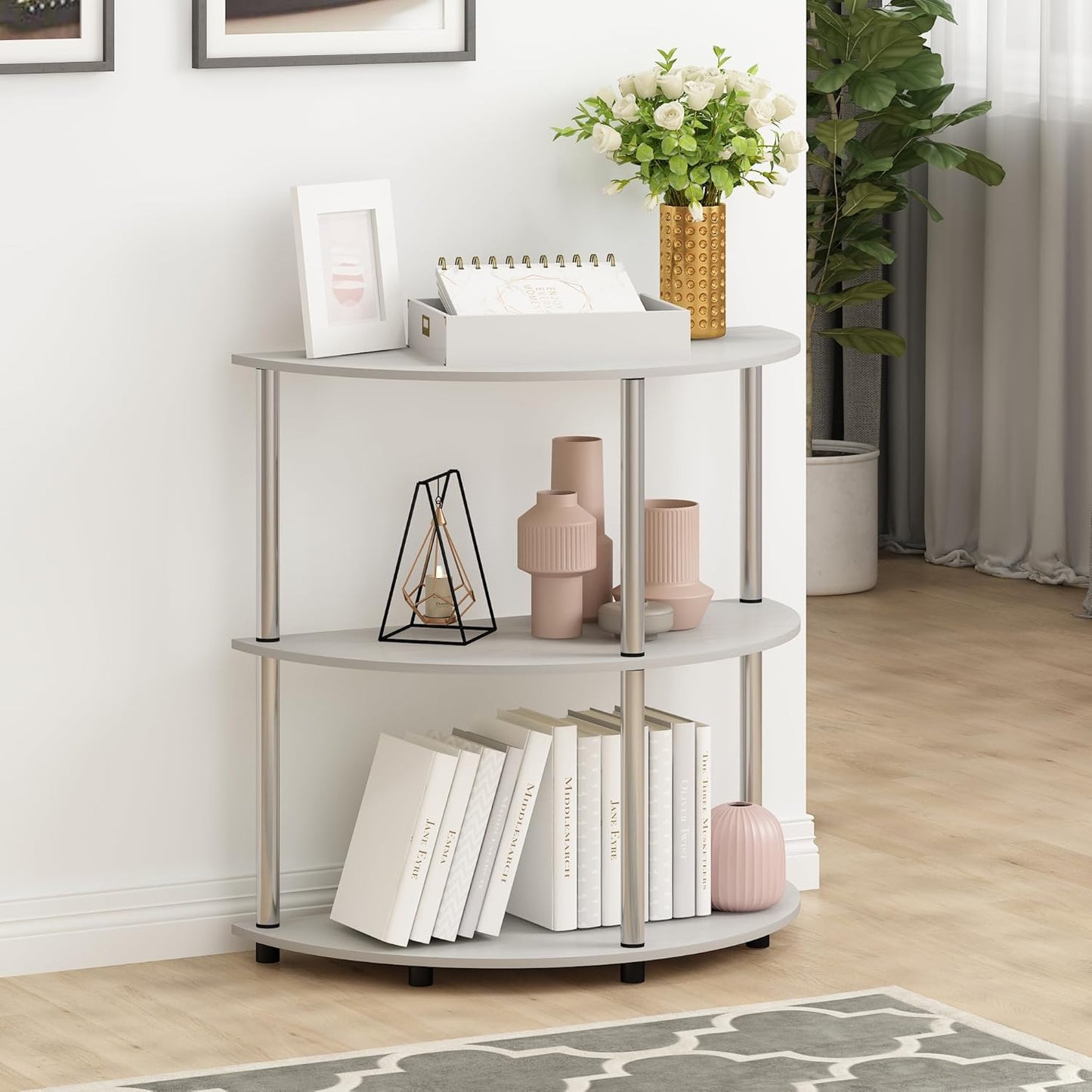 Furinno Frans Turn-N Half Round Console Table with Stainless Steel Tubes, White Oak, 15.6D x 31.1W x 30.8H in