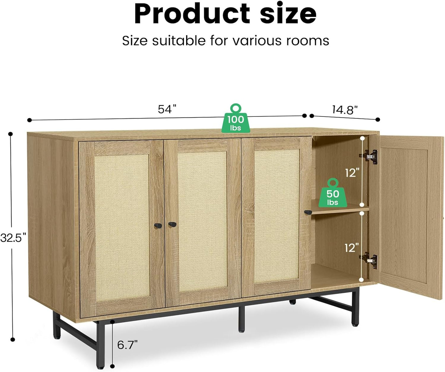 Sideboard Buffets Cabinet with 4 Rattan Doors, Large Storage Accent Cabinet Credenzas Modern Console Table for Living Room, Kitchen (Natural)