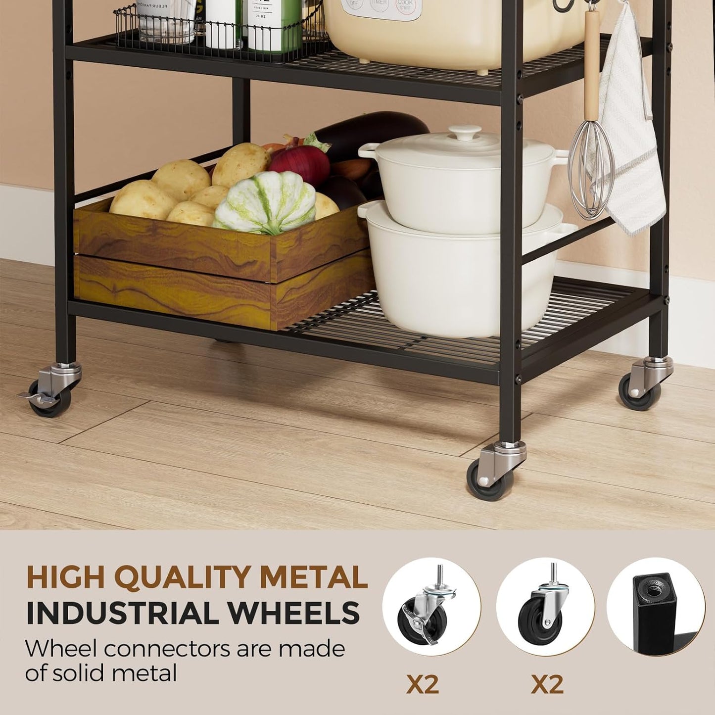 3-Tier Metal Storage Rack with Industrial Wheels,Mesh Shelving Unit with Wooden Table top,Adjustable Shelf,23.6-Inch Width,15.8-Inch Depth, for Kitchen, Laundry,Pantry,Plant,Black panel